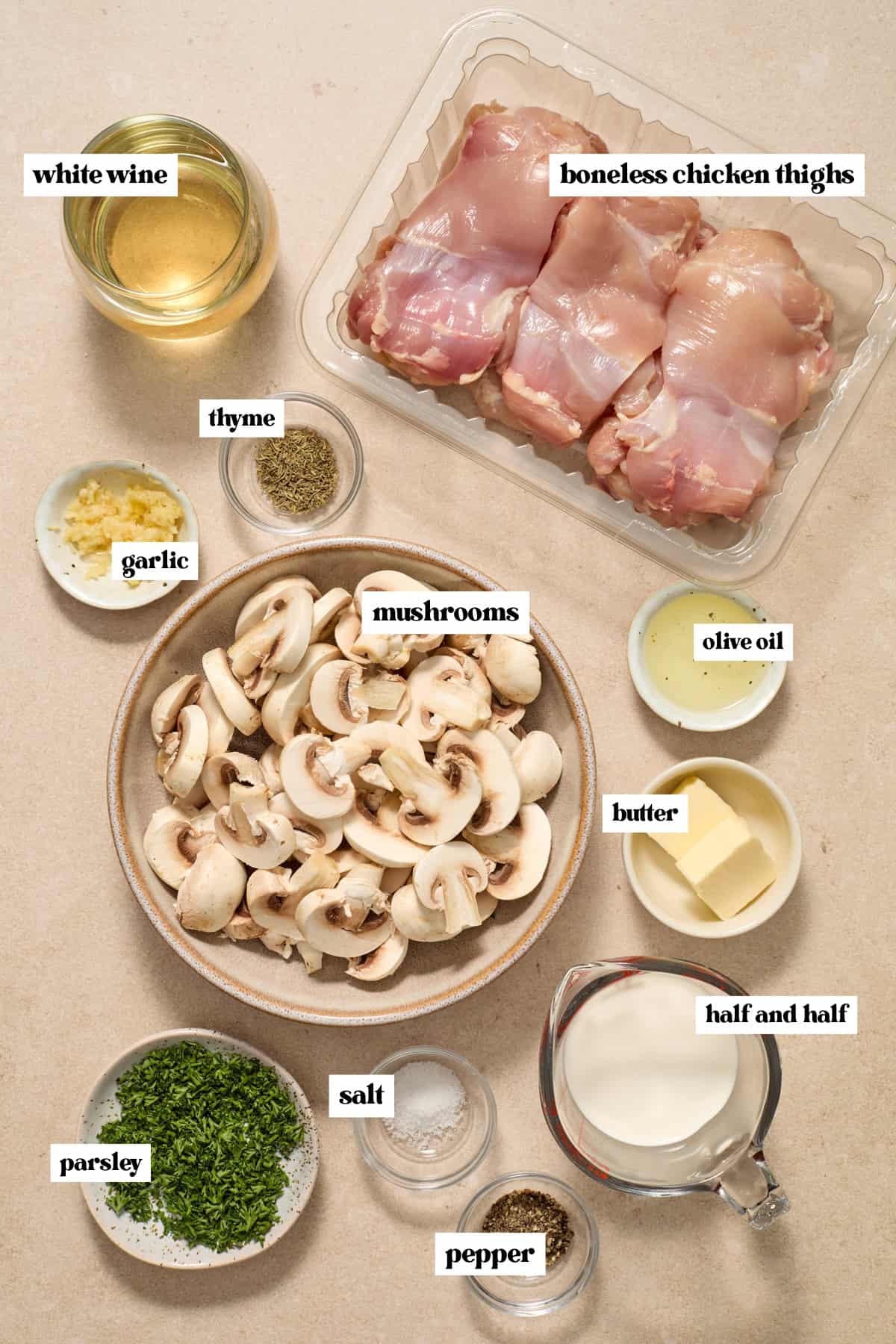 Chicken thighs, white wine, garlic, butter and ingredients labeled on surface.