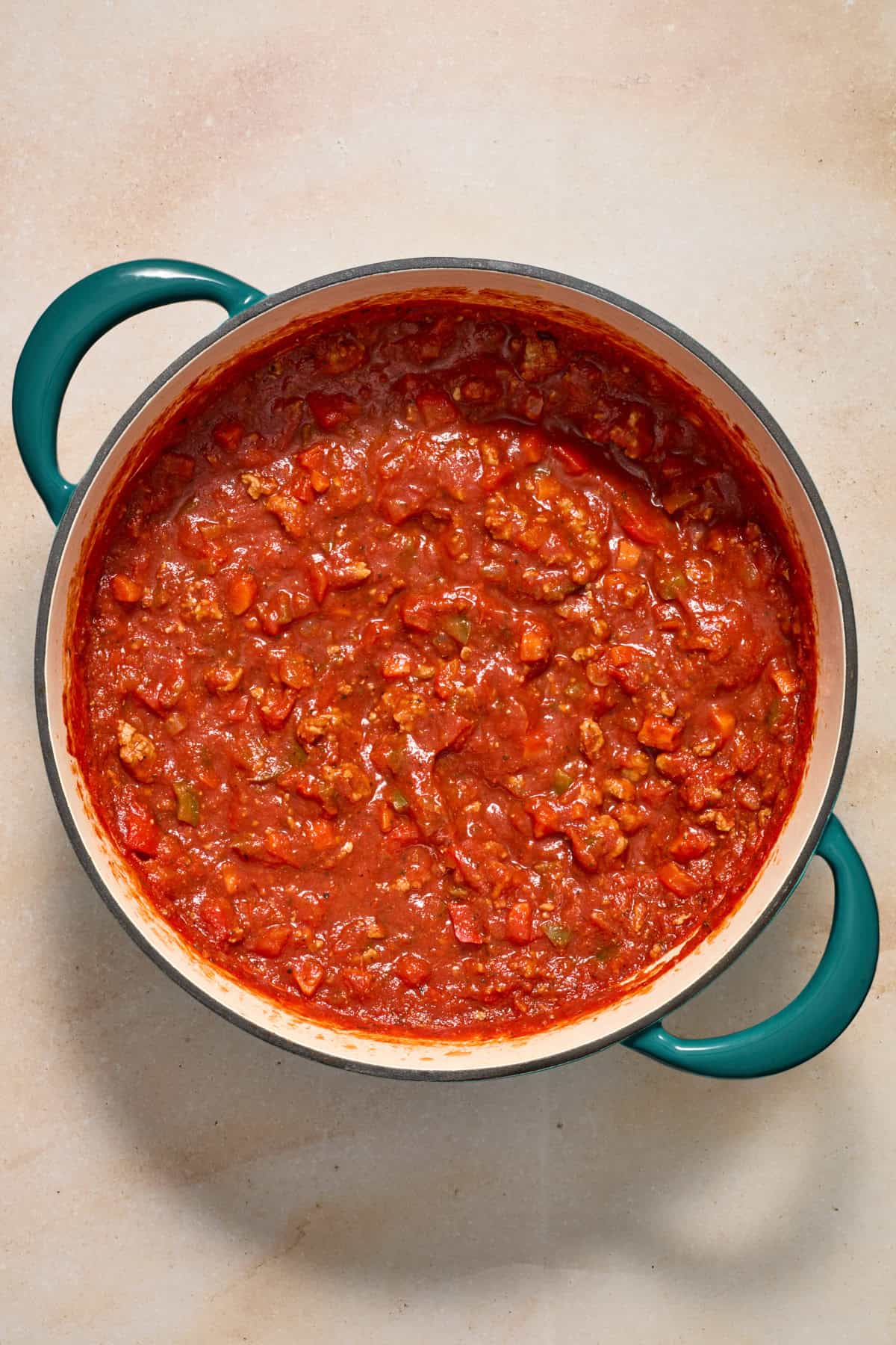 Dutch oven with turkey meat sauce.