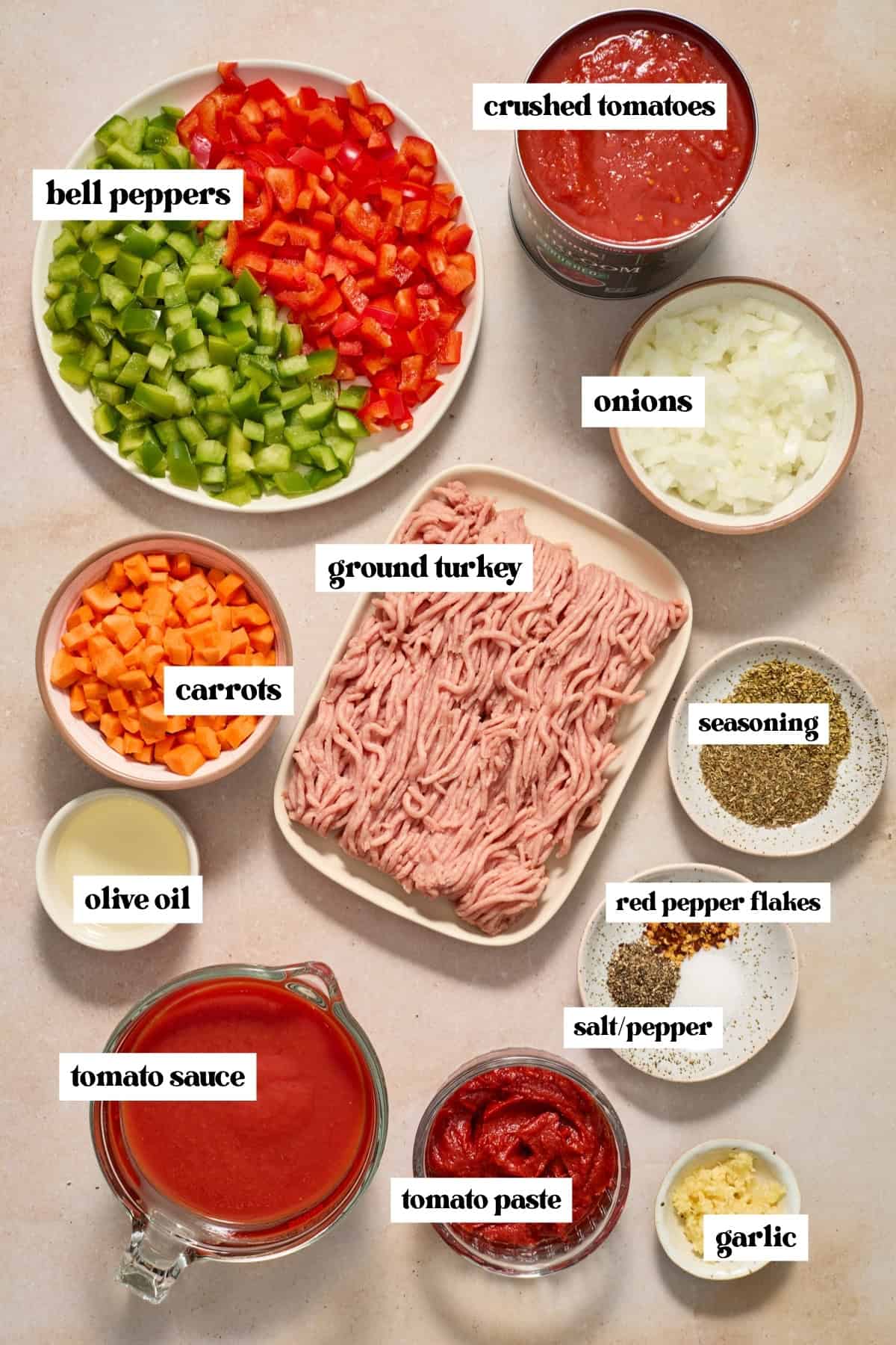 Chopped carrots and peppers, onions, meat, tomatoes and other labeled ingredients.