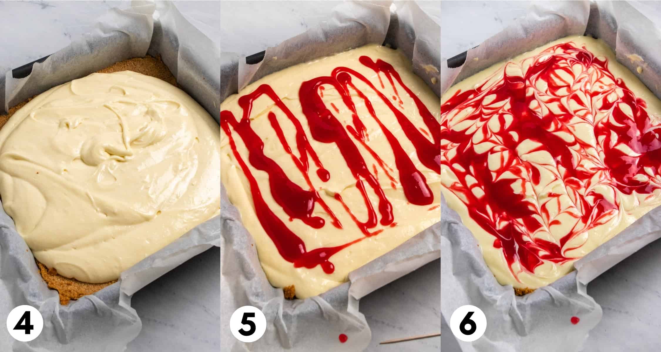 Cheesecake spread on graham cracker crust and raspberry sauce swirled on top.