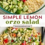 Orzo pasta, herbs, chopped veggies and other ingredients in mixing bowl and then prepared lemon orzo salad in serving dish.