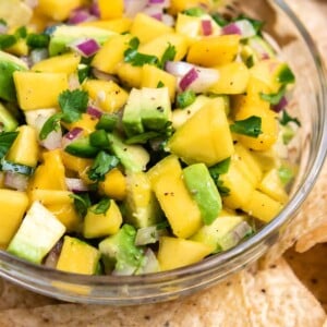 Mango Salsa in bowl with chips with cilantro on top.