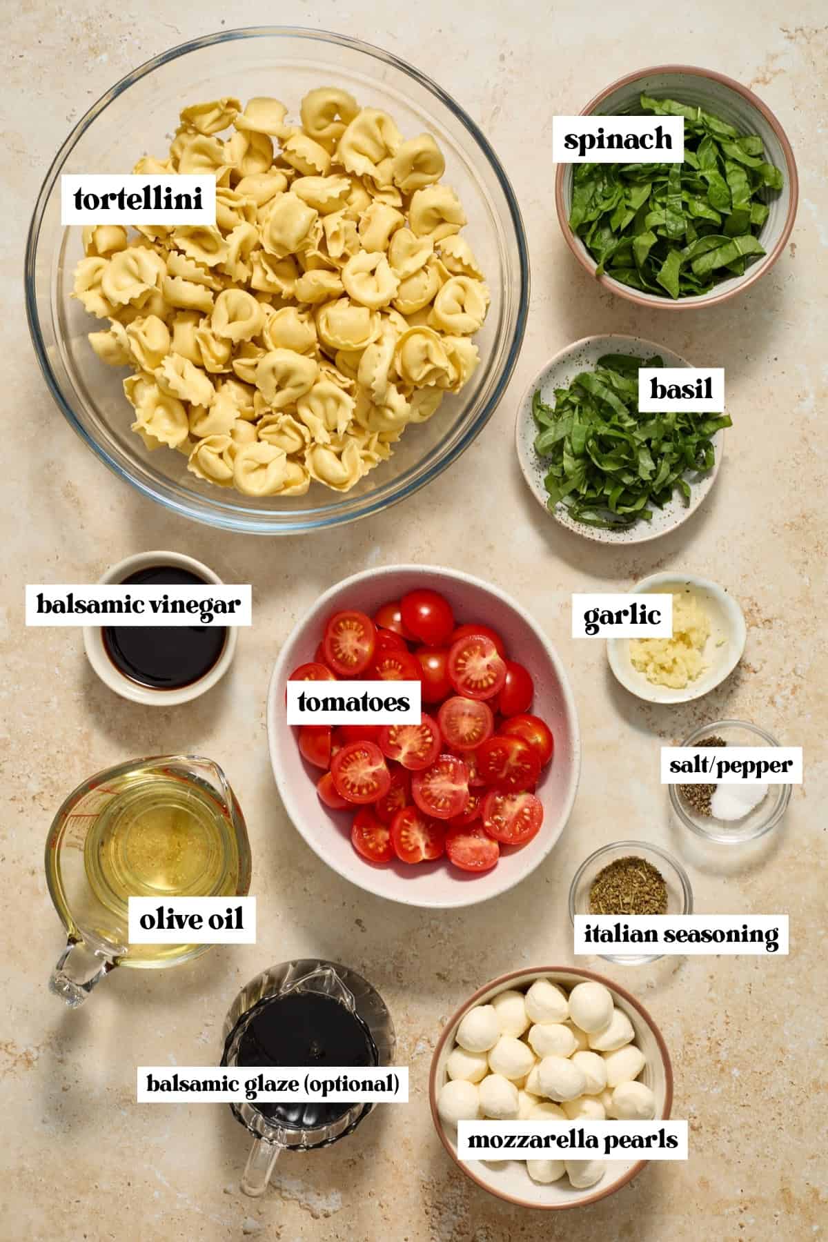 Tomatoes, mozzarella, tortellini, olive oil and other labeled ingredients on counter.