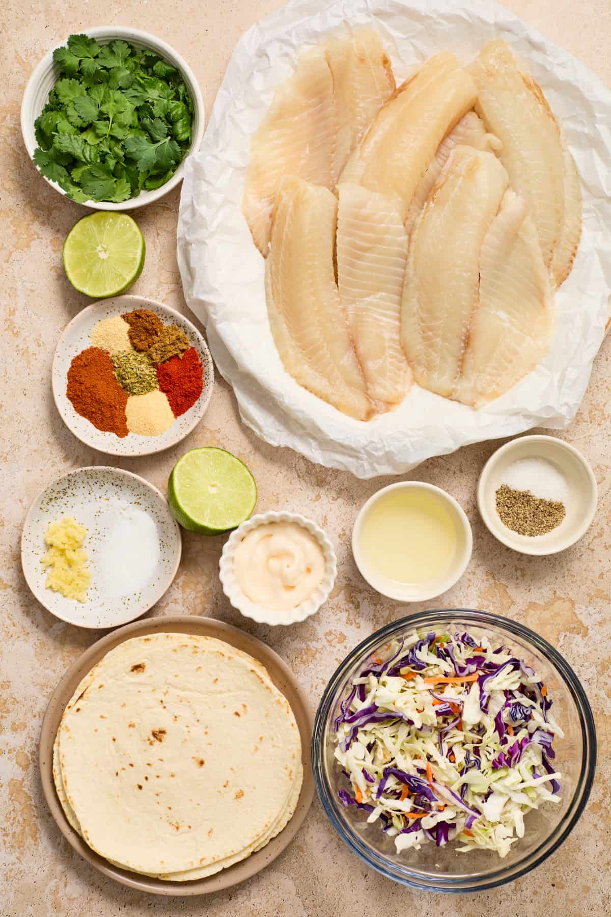 Fish, tortillas, slaw, spices and other ingredients labeled on a counter.