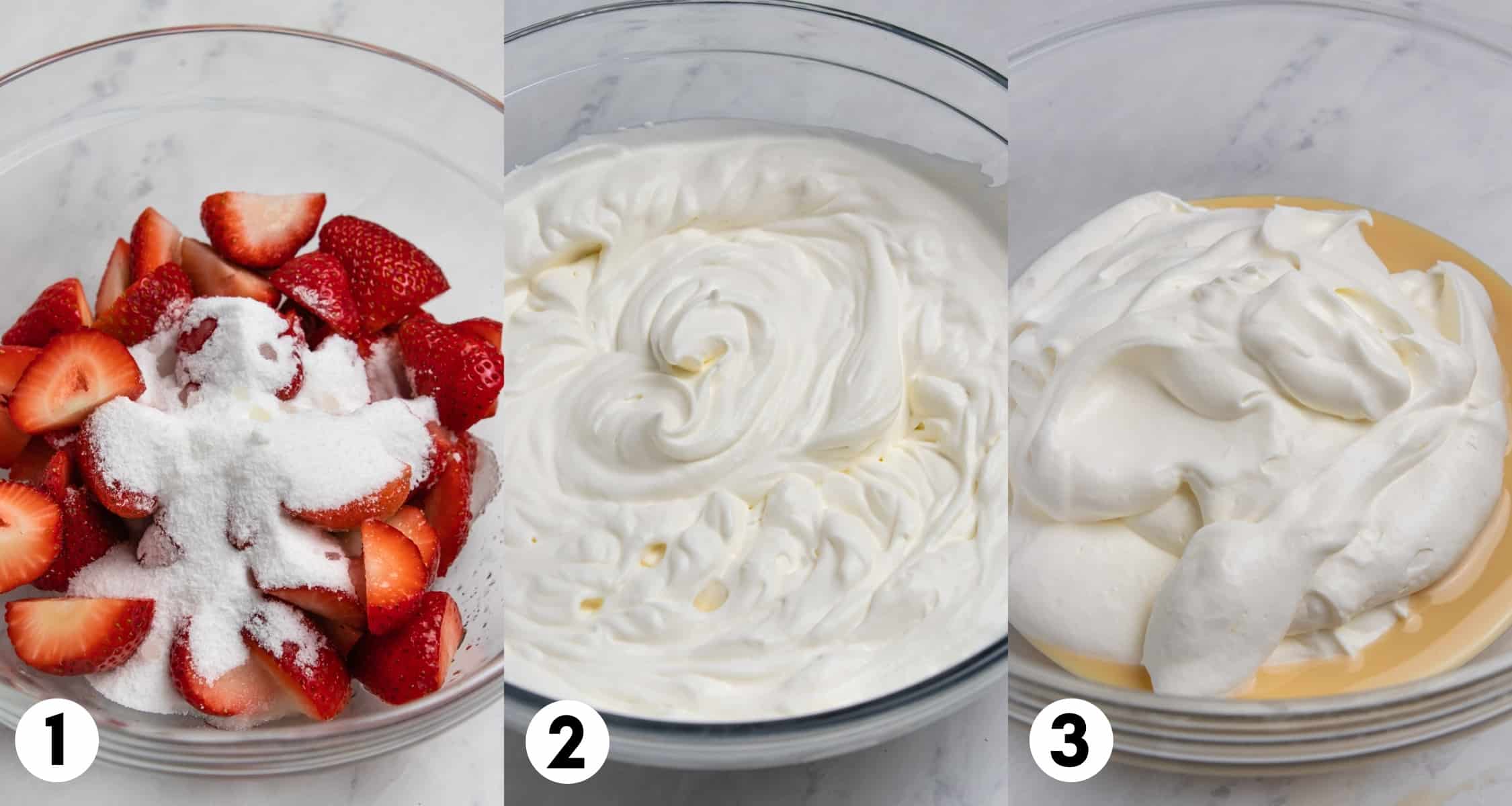 Strawberries on bowl with sugar, whipped cream in a next bowl and then added to condensed milk.