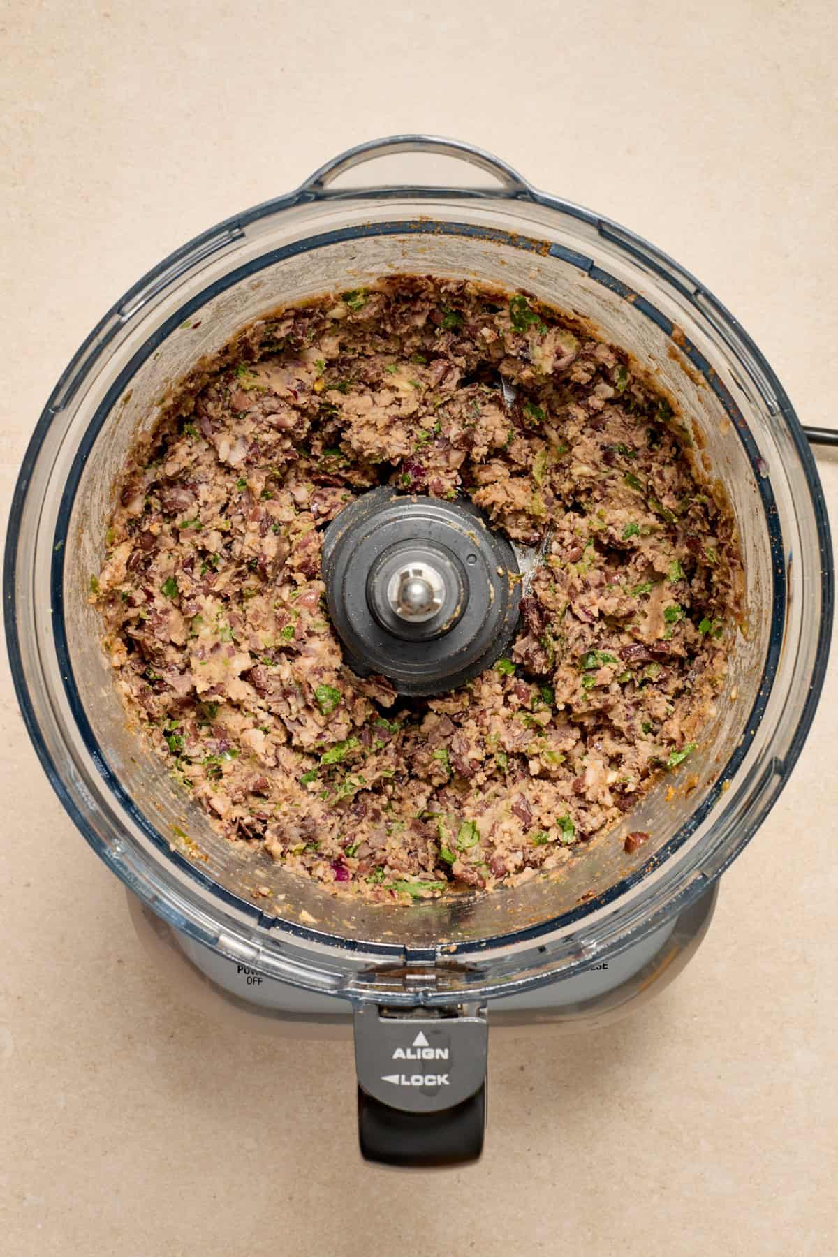 Black bean and pepper mixture in food processor.