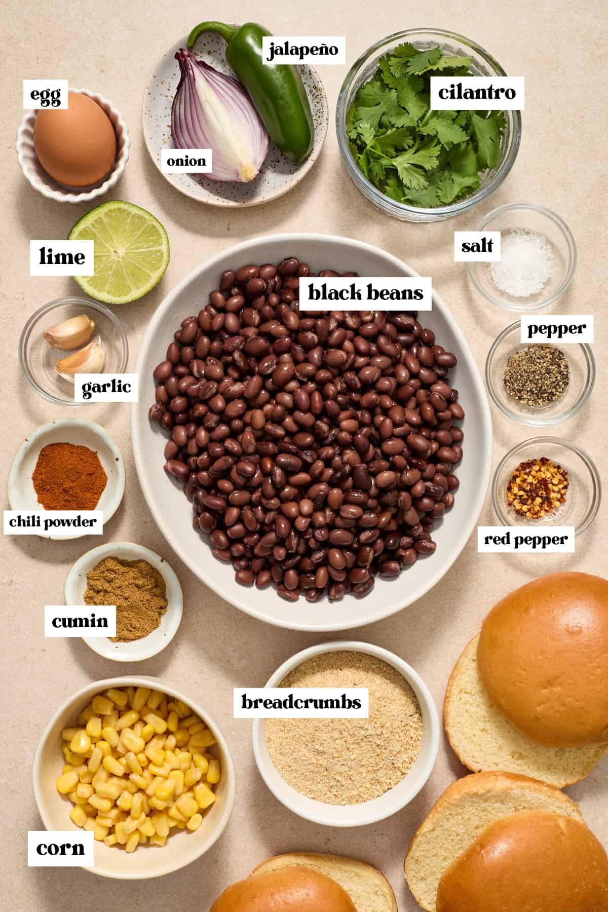 Dish with black beans, spices, egg and other labeled ingredients on surface.
