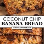 Slice of coconut and chocolate chip topped banana bread propped on another and then view of tops of slices in pan.