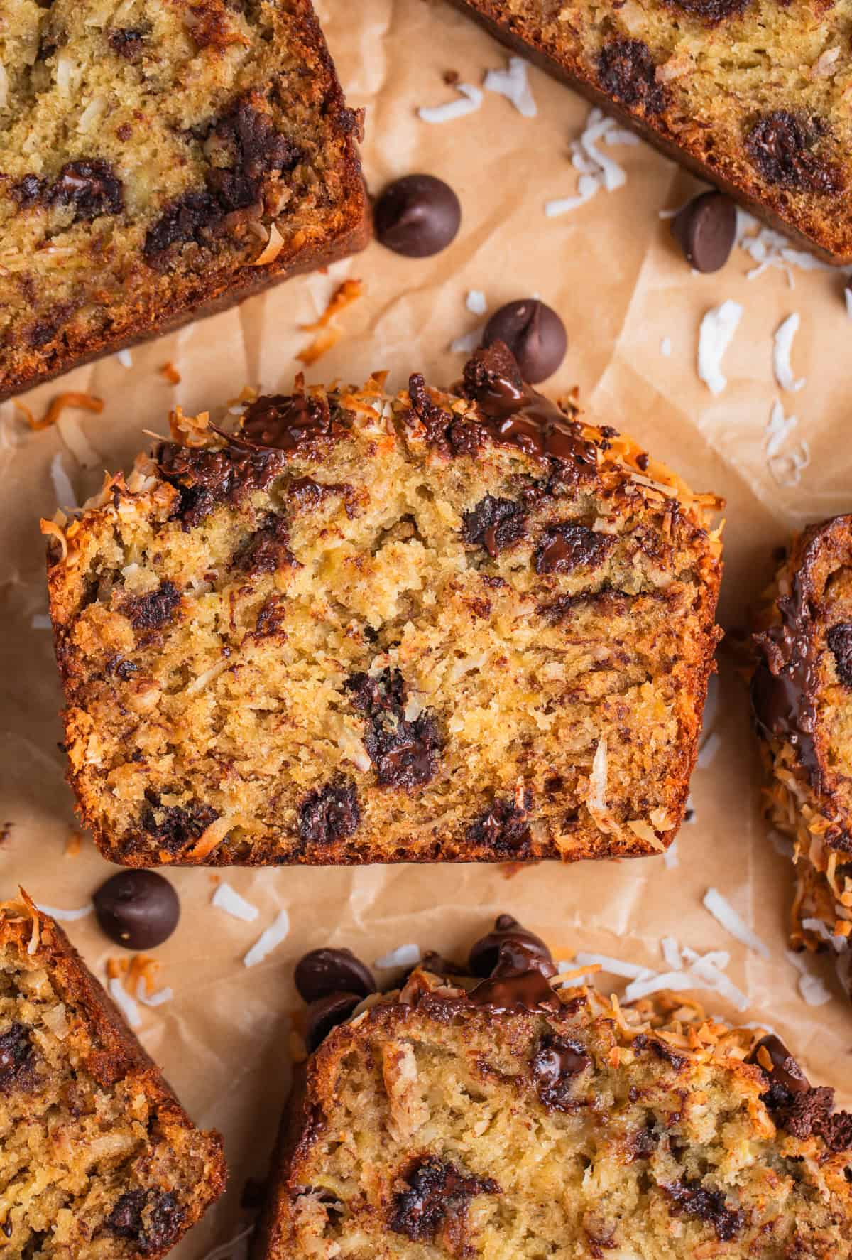 Coconut chip banana bread on parchment.