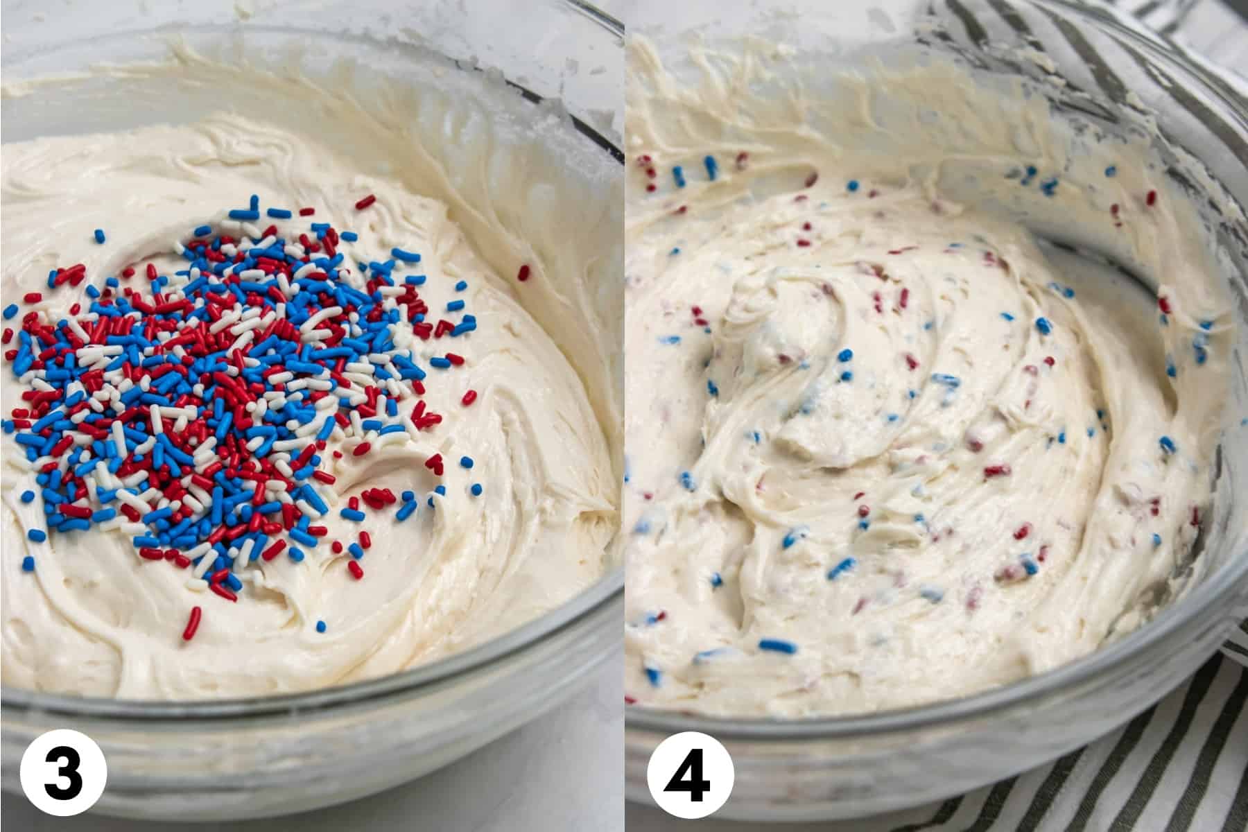 Sprinkles on top of funfetti cake dip batter before and then after stirring in.