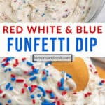 Funfetti cake batter mixed in mixing bowl and then in a small serving bowl with cookies.