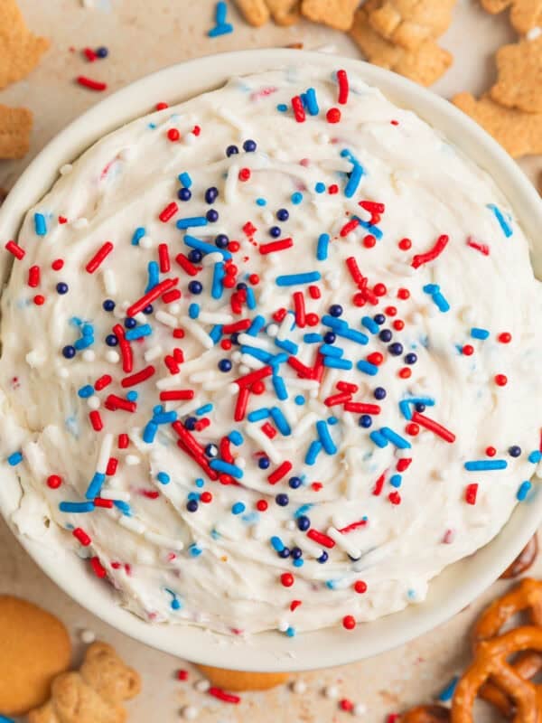 Overhead view of funfetti dip with red, white and blue sprinkles on top.