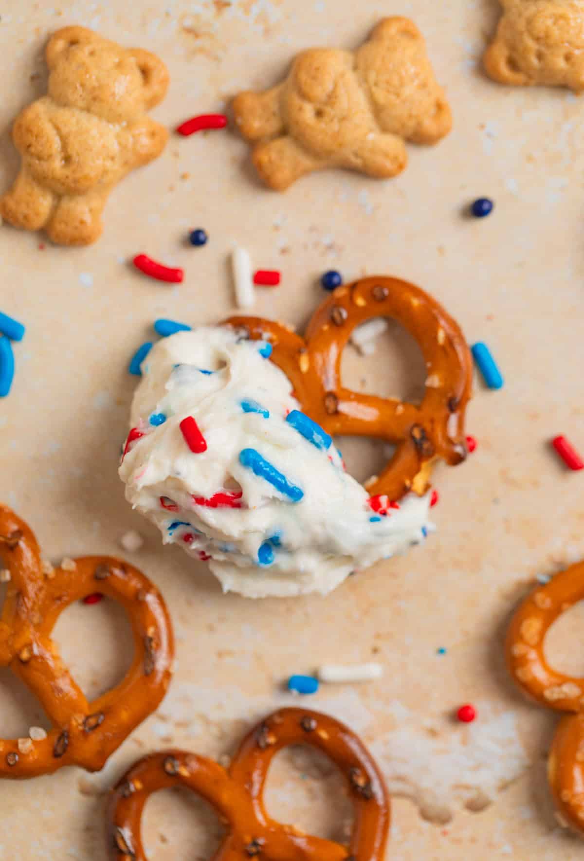Pretzel with red, white and blue funfetti dip.