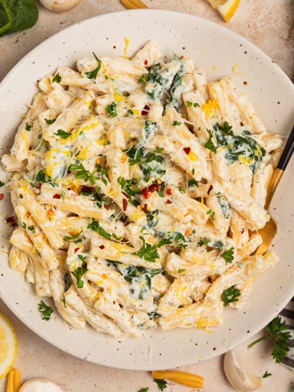 Plate with creamy pasta topped with chopped parsley and lemon zest.
