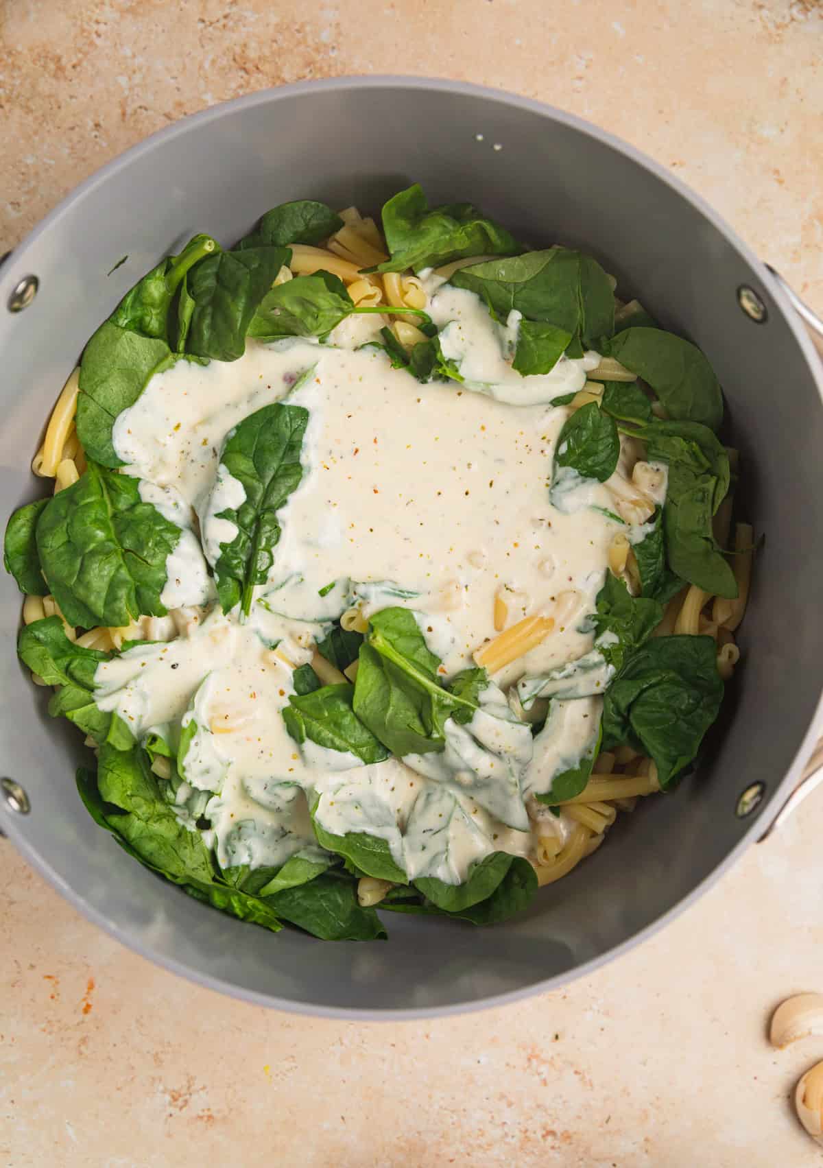 Pot with pasta and creamy ricotta sauce poured over with spinach.