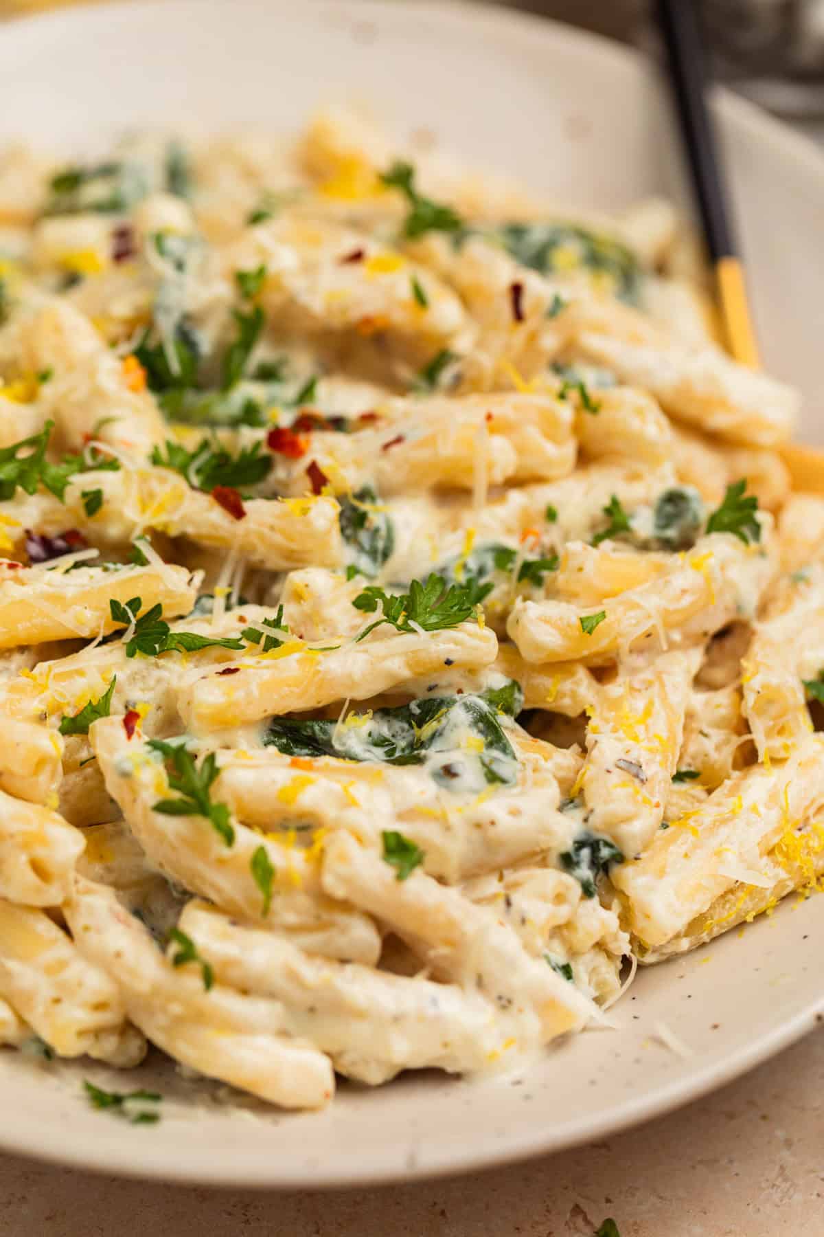 Plate with lemon ricotta pasta served with lemon zest over top.