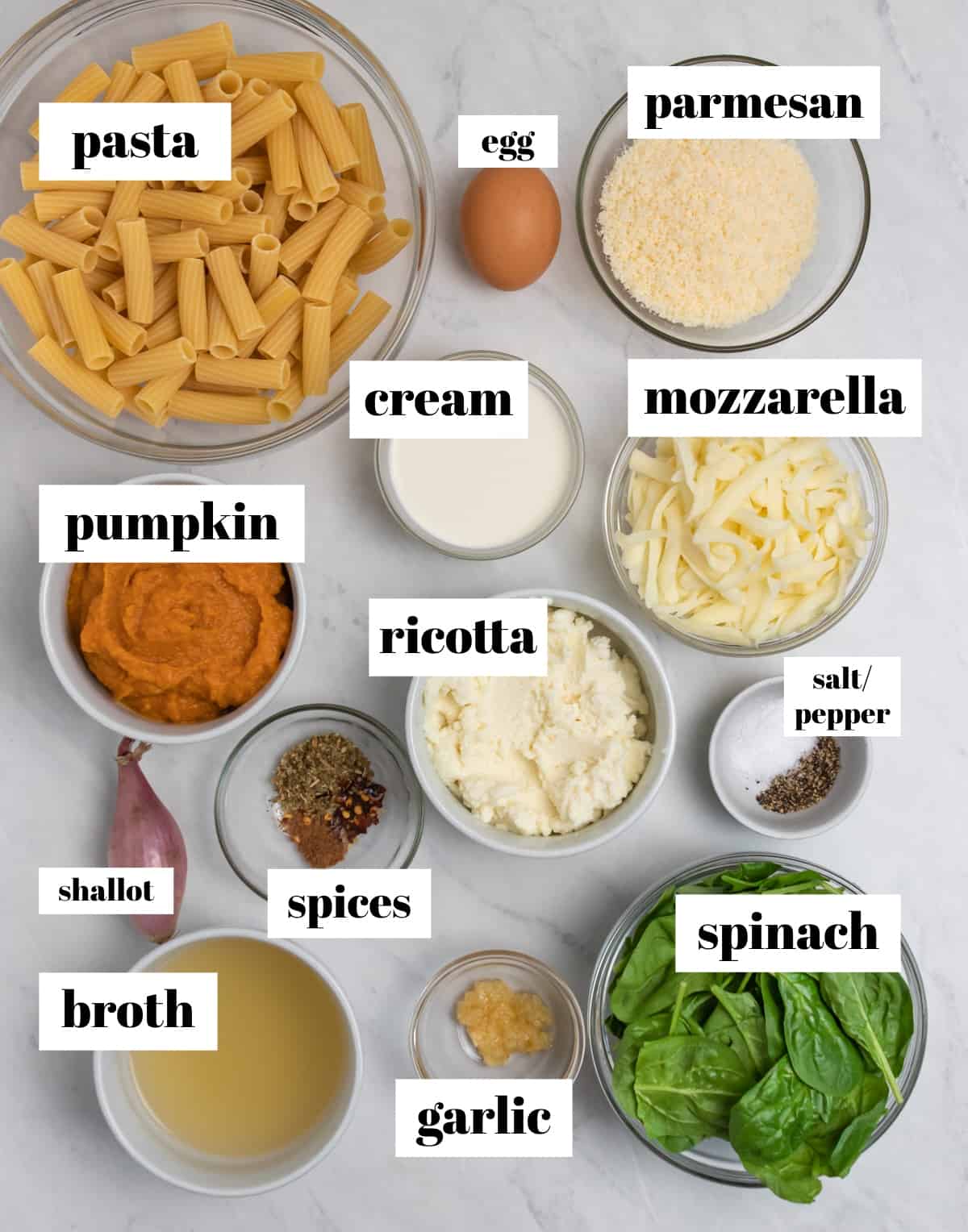 rigatoni, egg, cheeses, spinach, pumpkin and other ingredients labeled on counter.