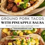 Soft tacos with ground pork and pineapple salsa on plate.