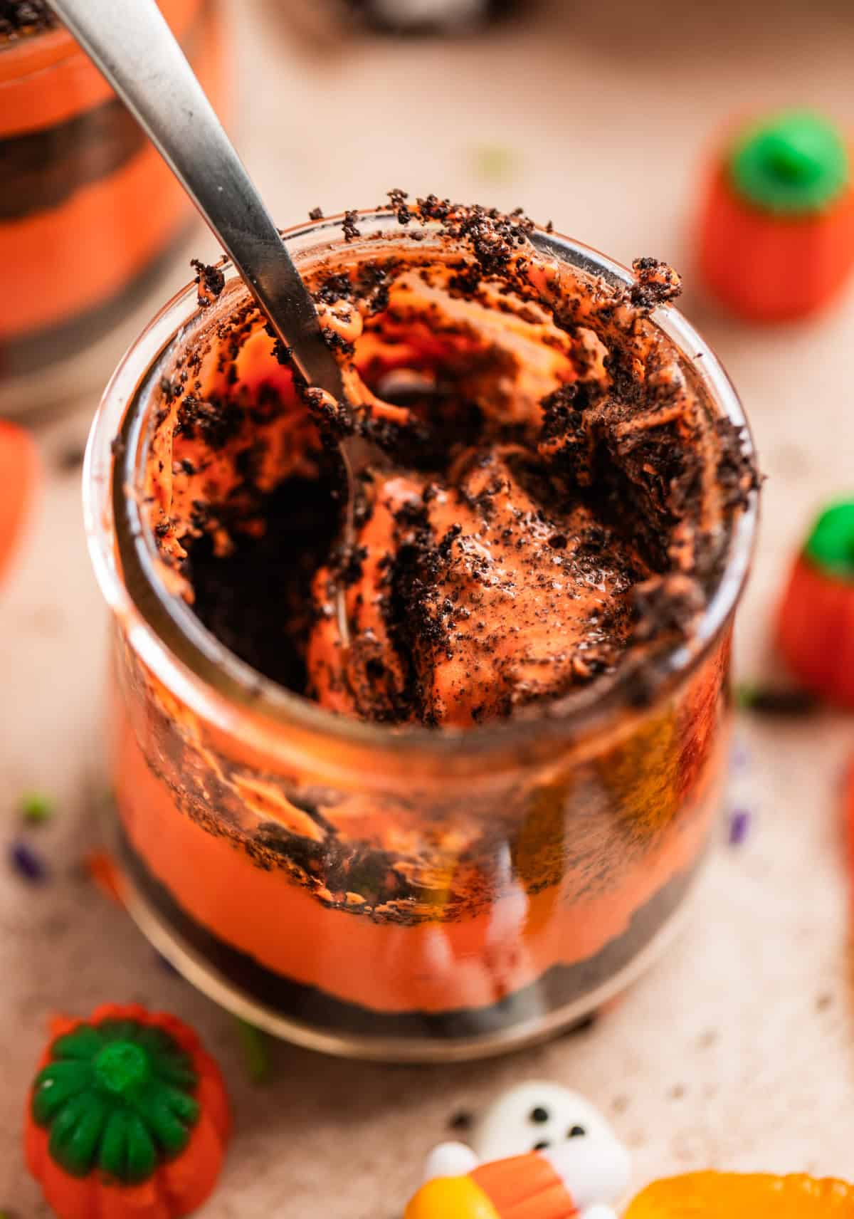 Halloween dirt cake cup with spoon in cup.