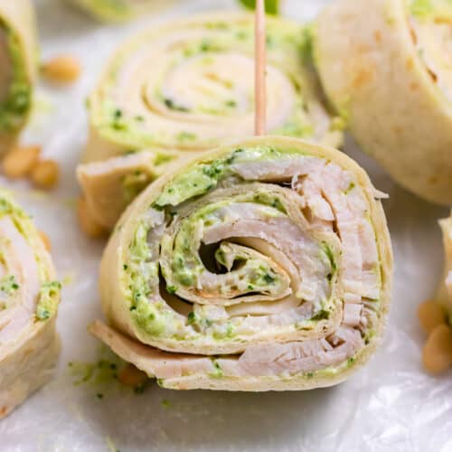 Turkey Pesto pinwheel with toothpick.