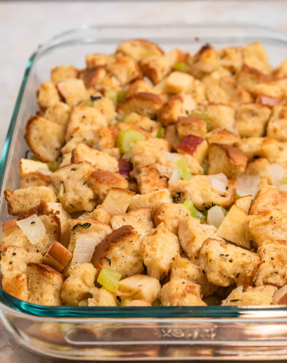 Baked apple stuffing in pan fresh from the oven.
