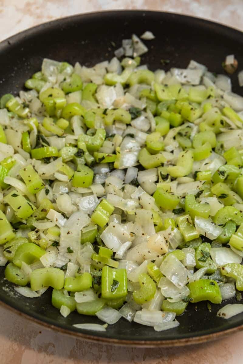 Sautéed celery and onion in skillet.