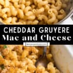 Pot with gruyere mac and cheese and then mac and cheese in casserole dish with breadcrumbs.