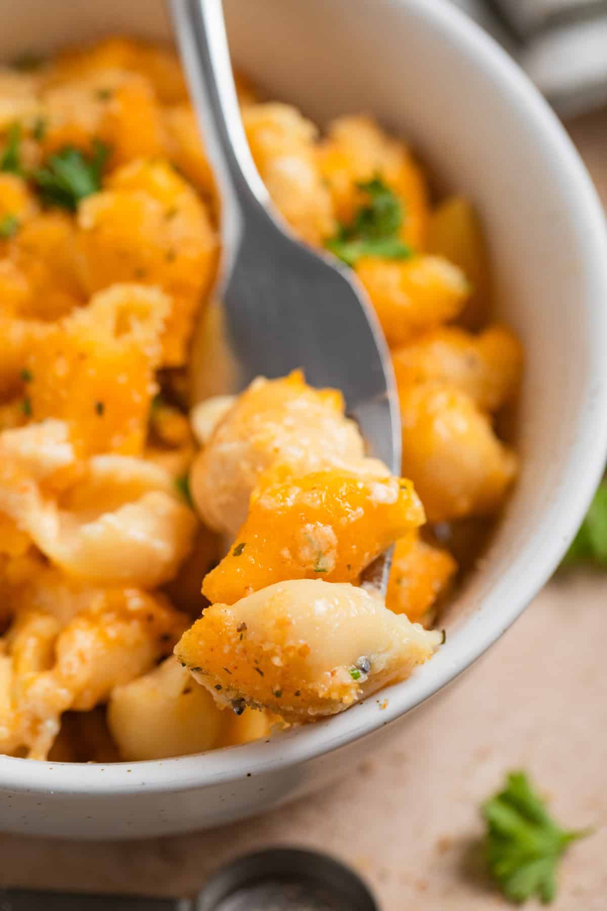Forkful of macaroni in cheese propped on edge of bowl.