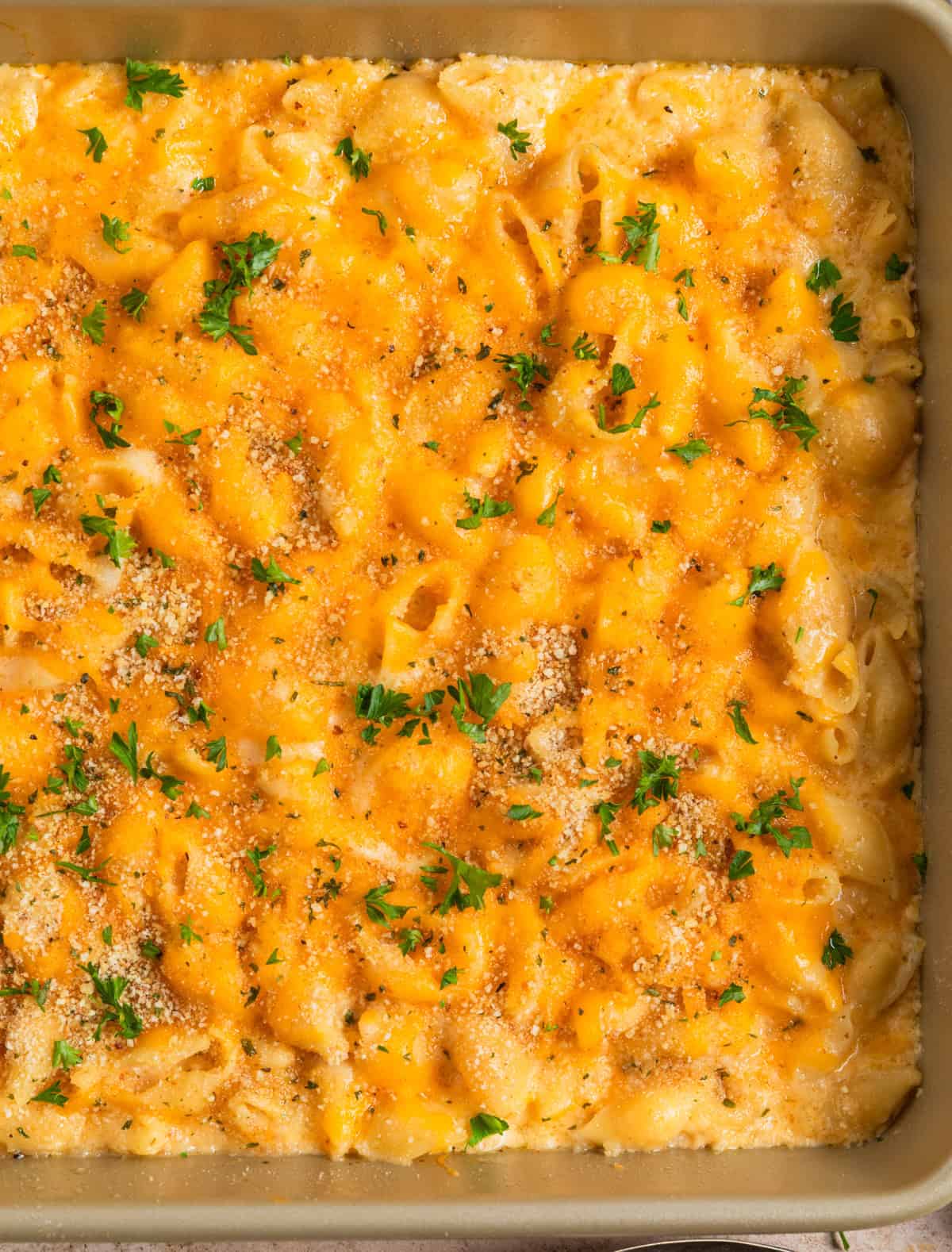 Pan with baked protein packed macaroni and cheese topped with breadcrumbs and chopped parsley.