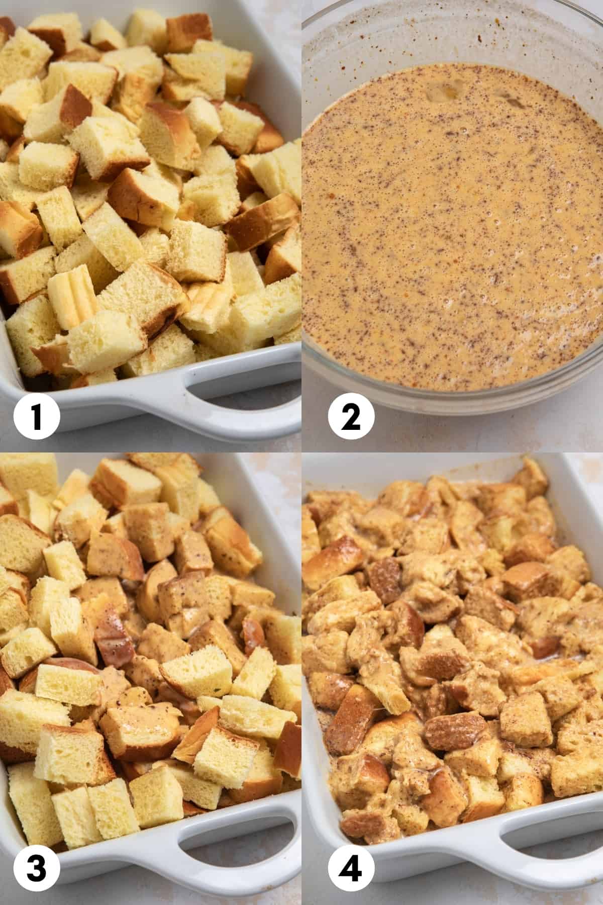 Steps to make pumpkin French Toast bake including cut pieces of bread in dish and then batter mixed in.