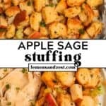Apple sage stuffing in pan and then on plate with turkey and gravy.