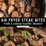 Air fryer steak bites in air fryer basket and then on white serving dish.
