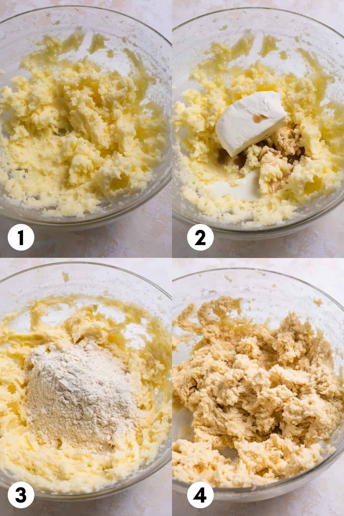 Glass mixing bowl in different stages of cookie dough making.