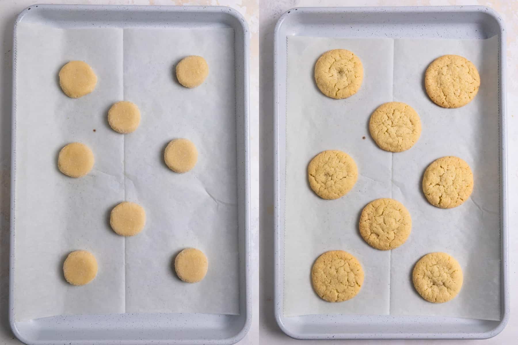 Flattened eggless cookie dough on baking sheet before and then after baking.
