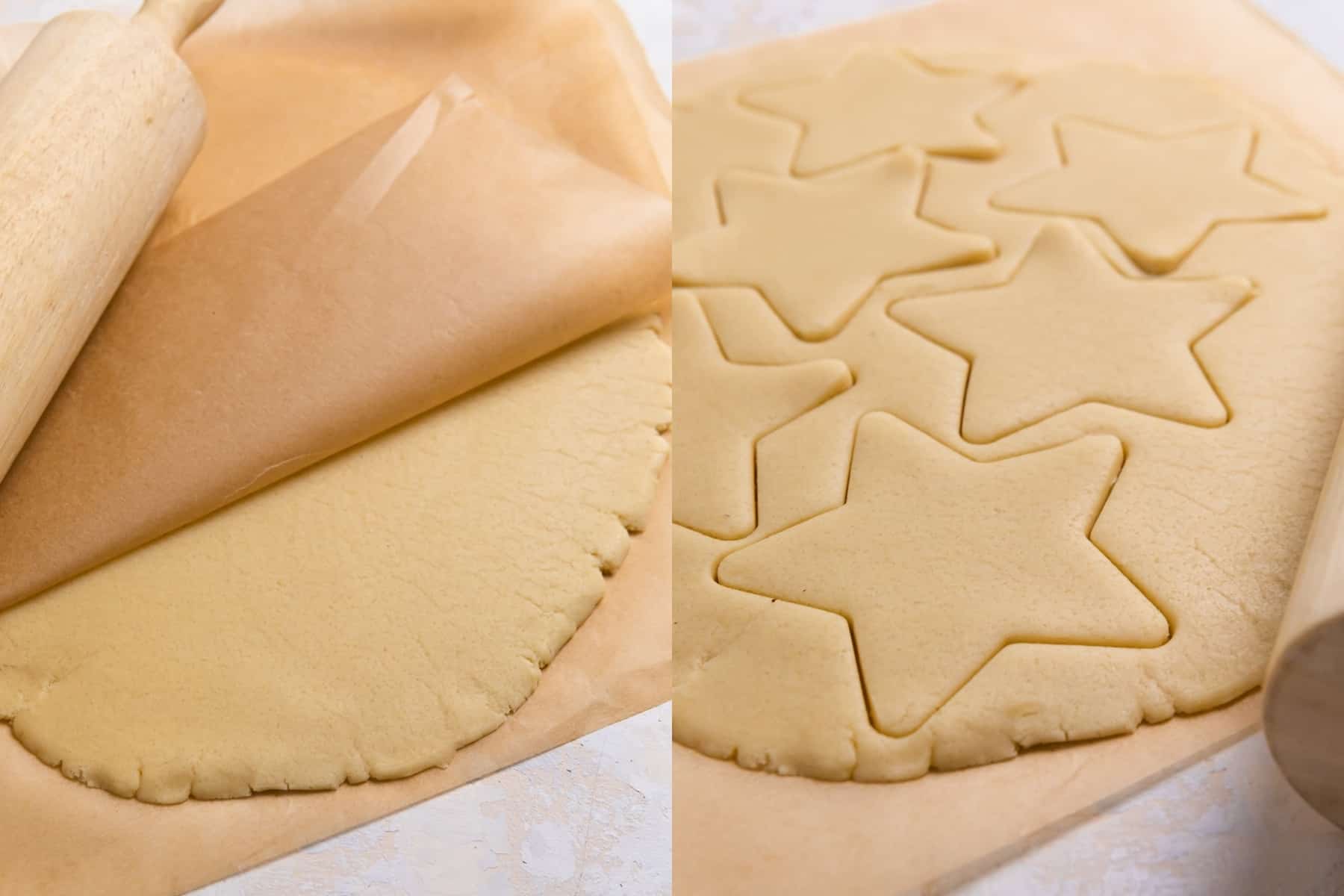 Rolled egg free sugar cookie dough on parchment and then cut into star cut outs.
