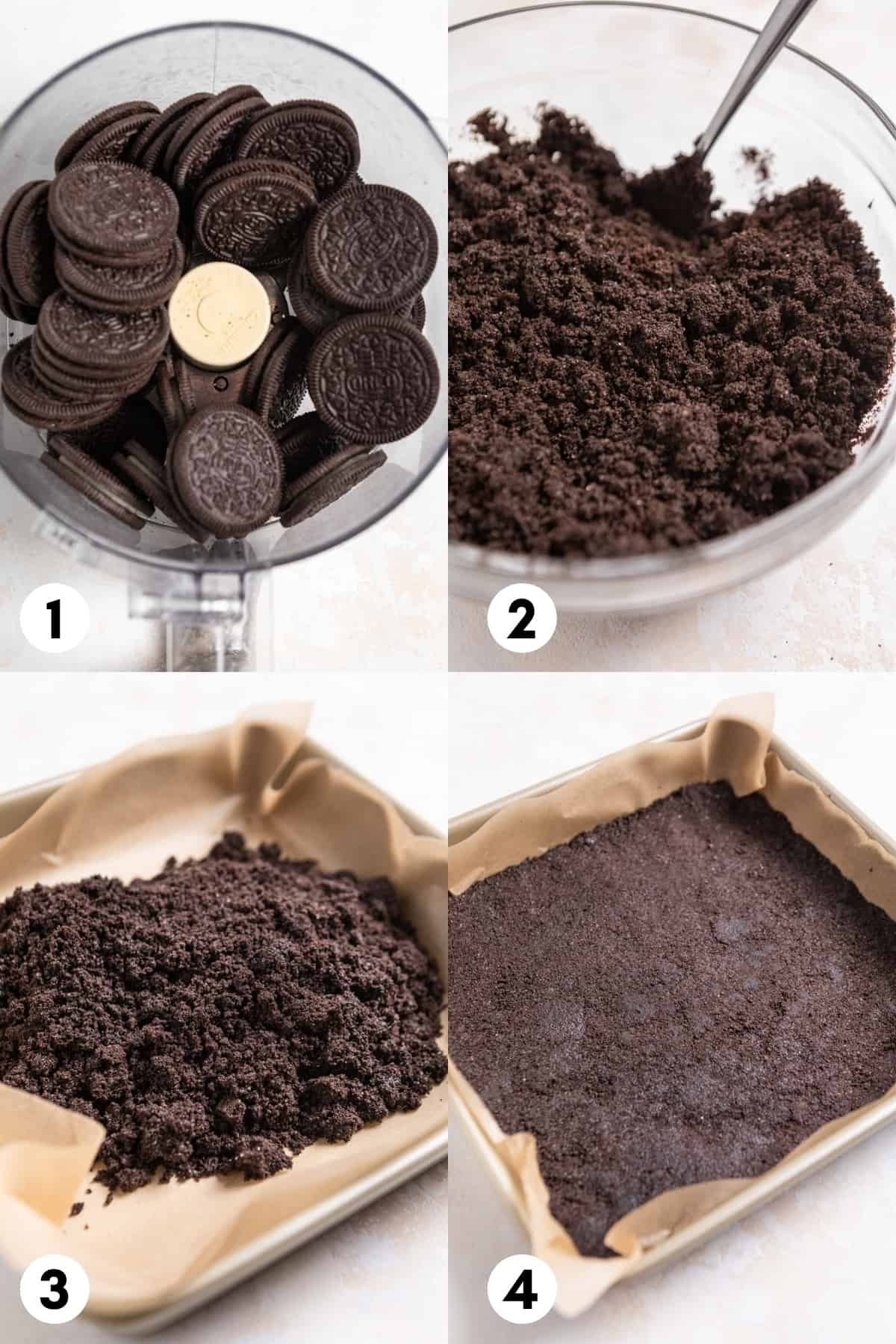 Step by step images to make no bake oreo crust.
