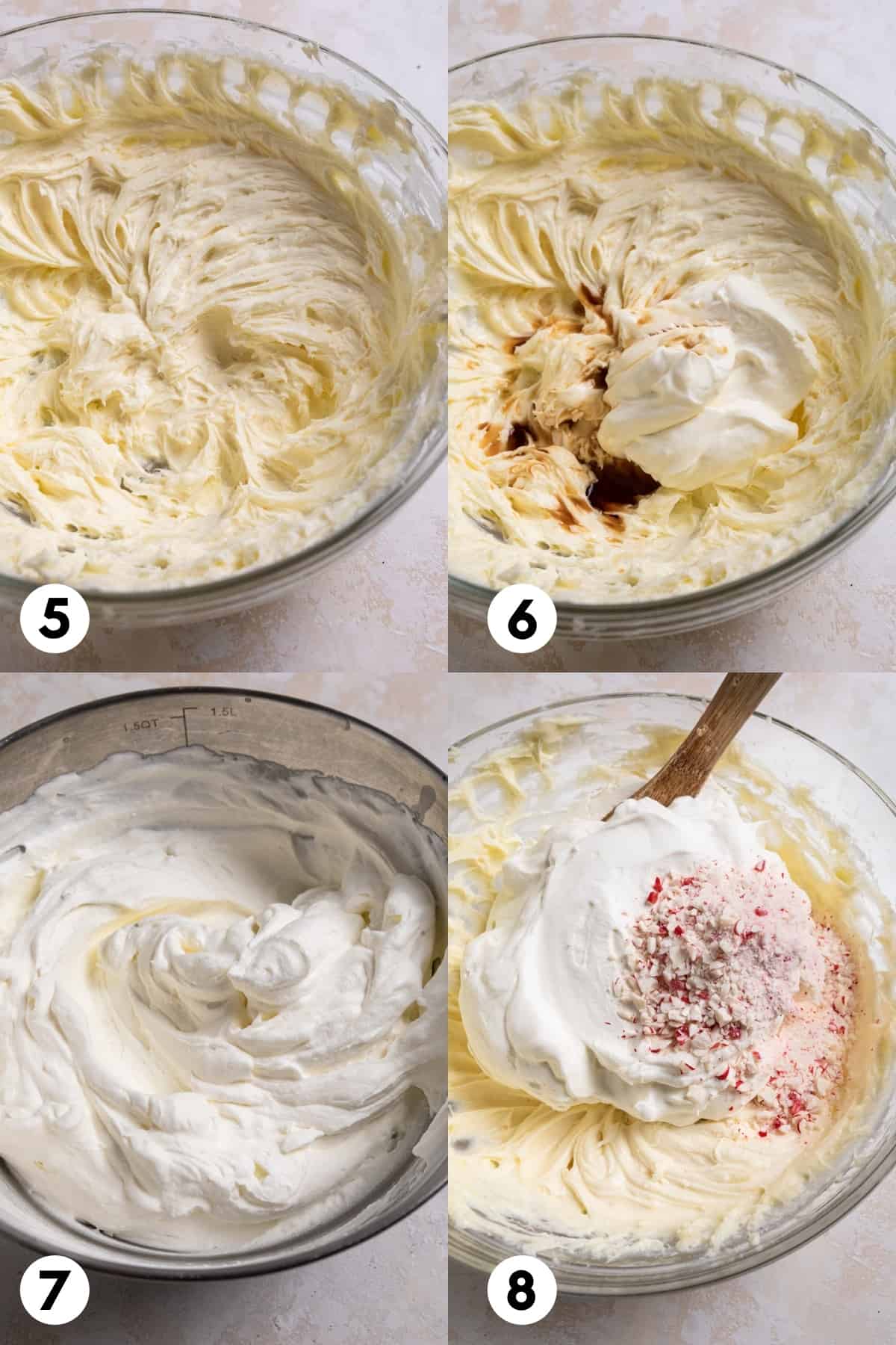 Cream cheese whipped and then other ingredients added in step by step photos to make peppermint cheesecake.