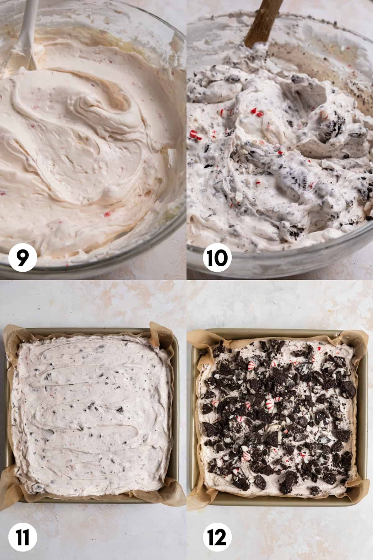 No bake peppermint cheesecake mixture with oreos and candy canes stirred in and then spread onto oreo crust.