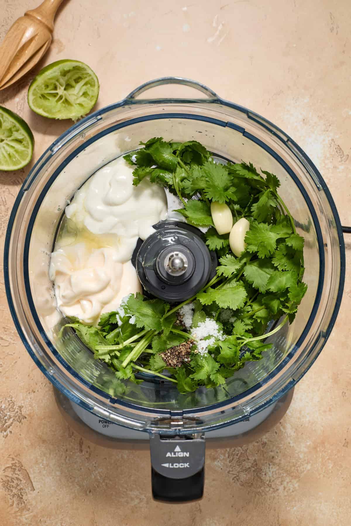 Cilantro, spices, mayonnaise, lime juice and other ingredients in food processor.