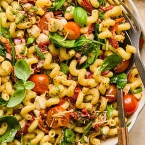 Pasta salad with sun dried tomatoes, spinach, basil and other ingredients in serving bowl.