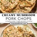 Cast iron skillet with cream of mushroom pork chops and then served on plate.