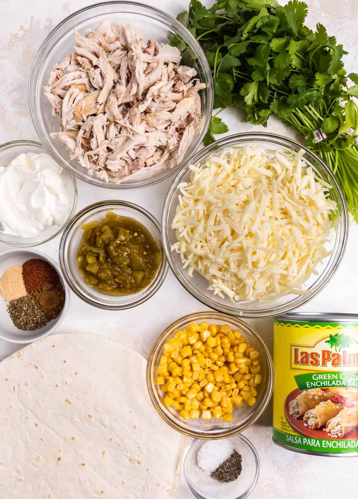 Ingredients to make green chicken enchiladas on counter.