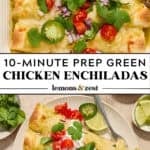 Pan with enchiladas topped with cilantro and toppings and then served on a plate with fork.
