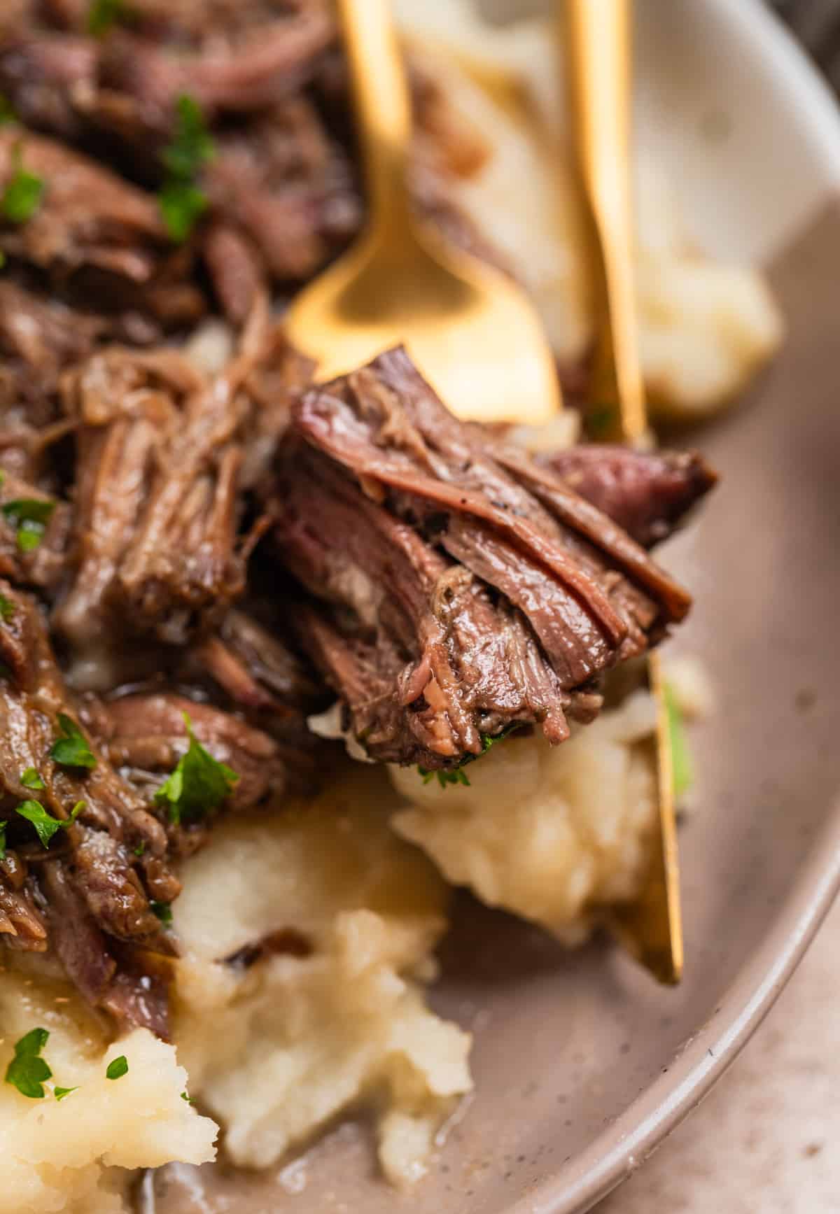 Piece of shredded beef on fork with mashed potatoes on plate.