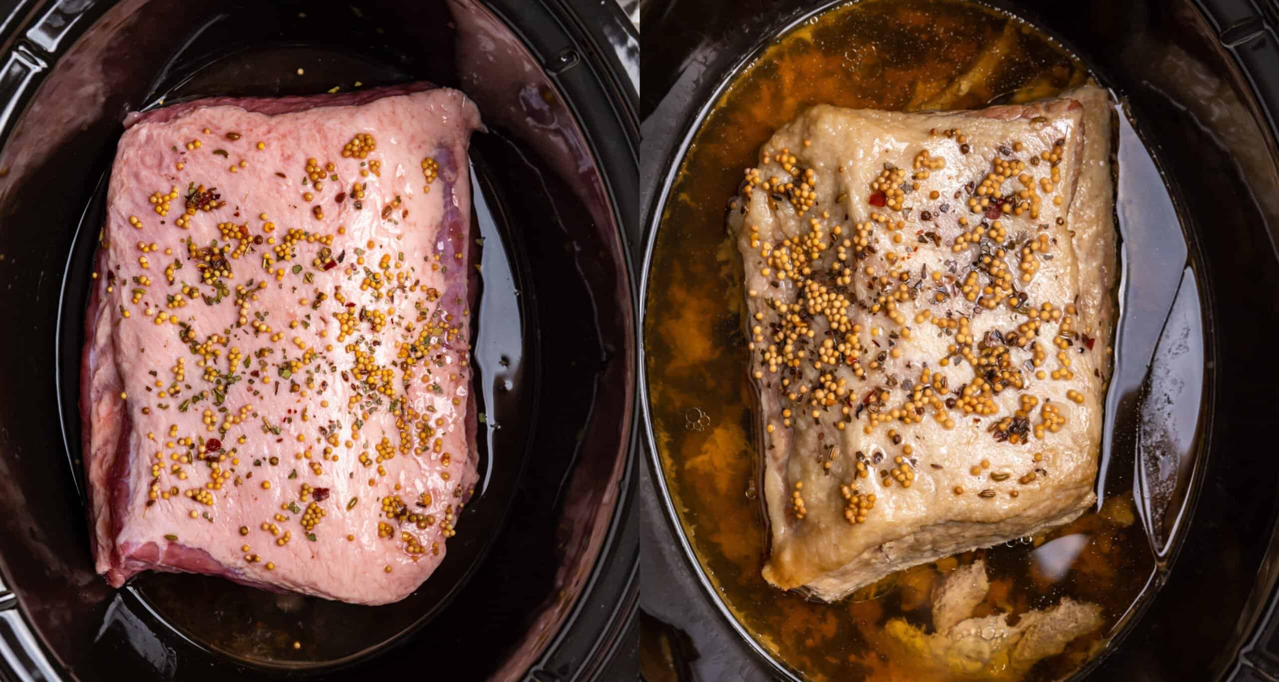Corned beef brisket in slow cooker before and then after cooked,
