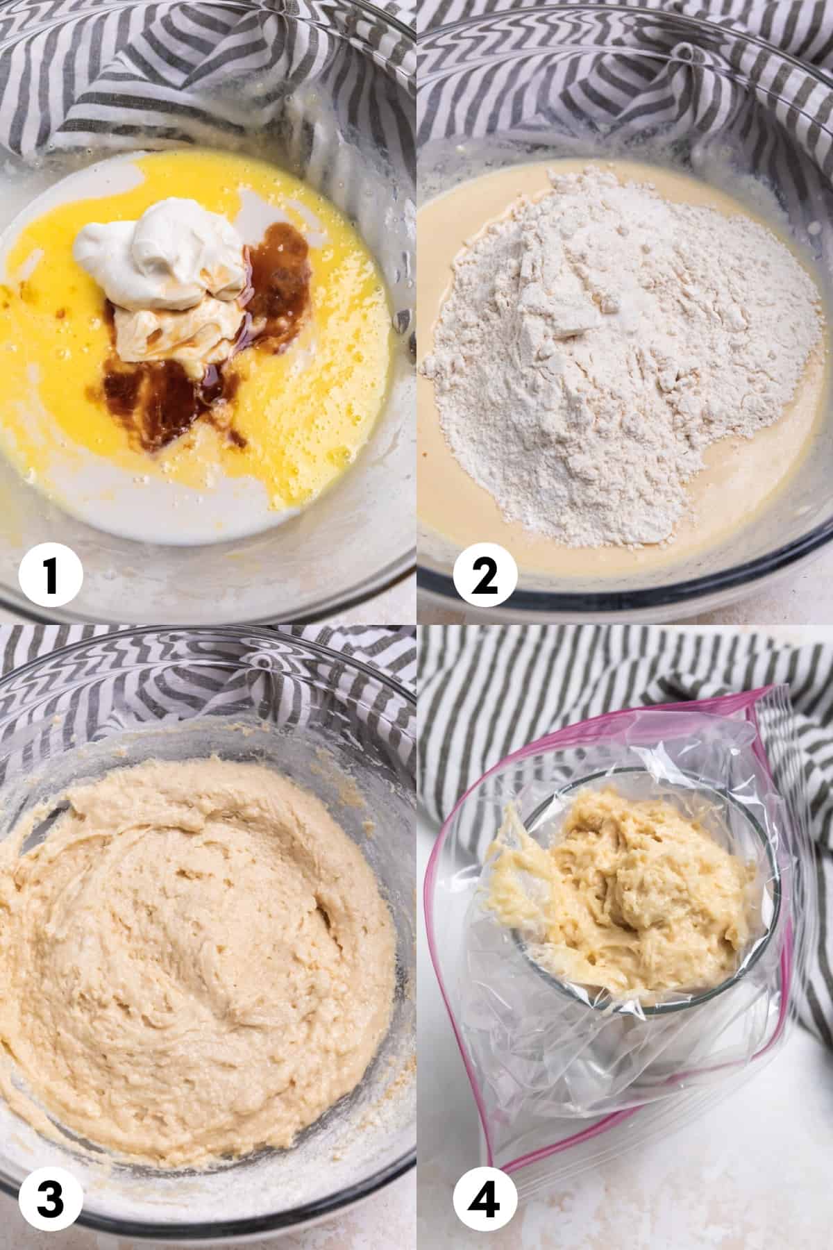 Step by step process of making vanilla donuts in glass mixing bowl.