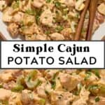 Bowl of potato salad with utensils and then close up view of the potato salad.