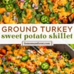 Skillet with ground turkey and sweet potatoes topped with melted cheese and toppings.
