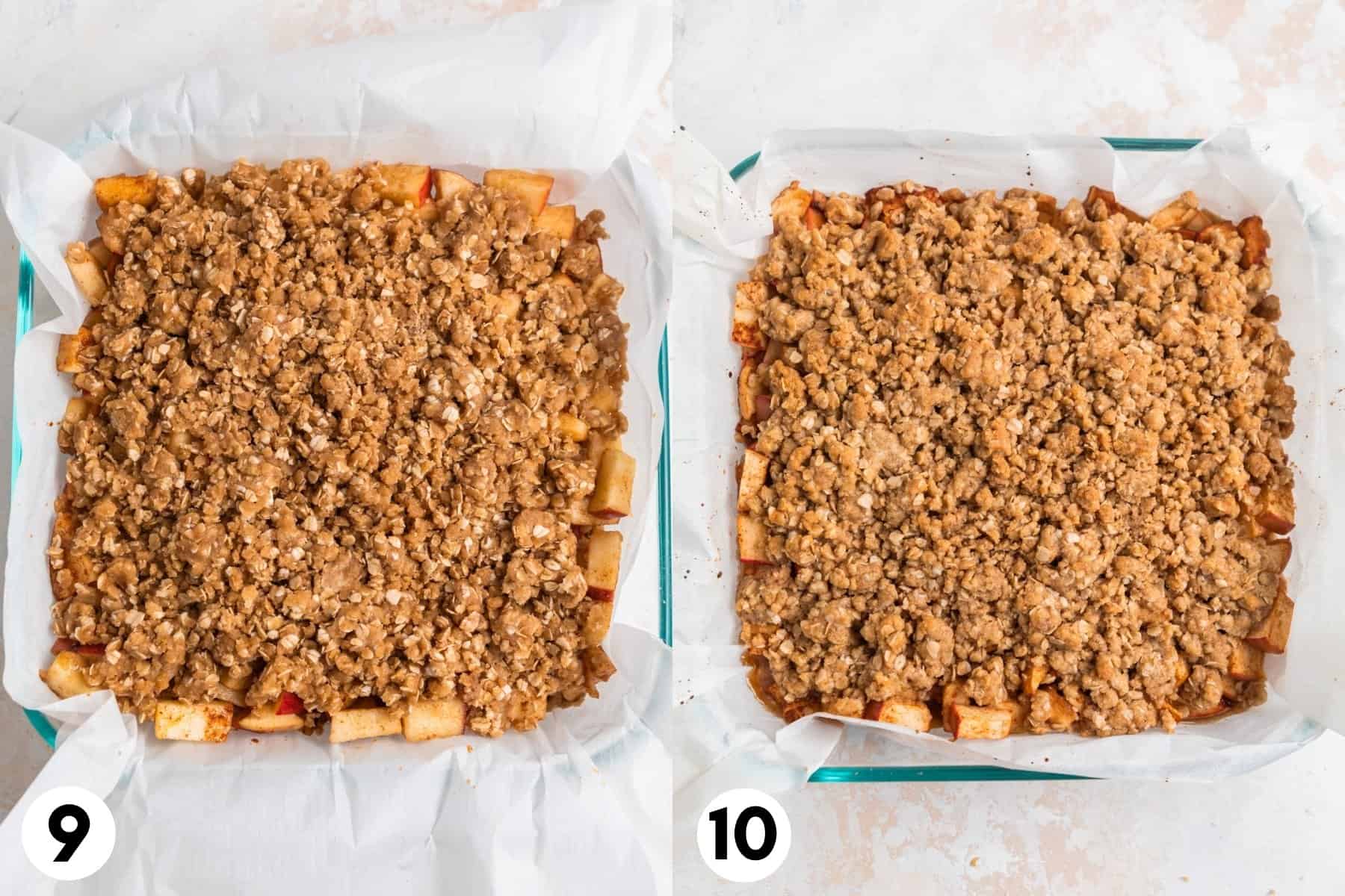 Apple crumble bars before and after baking.