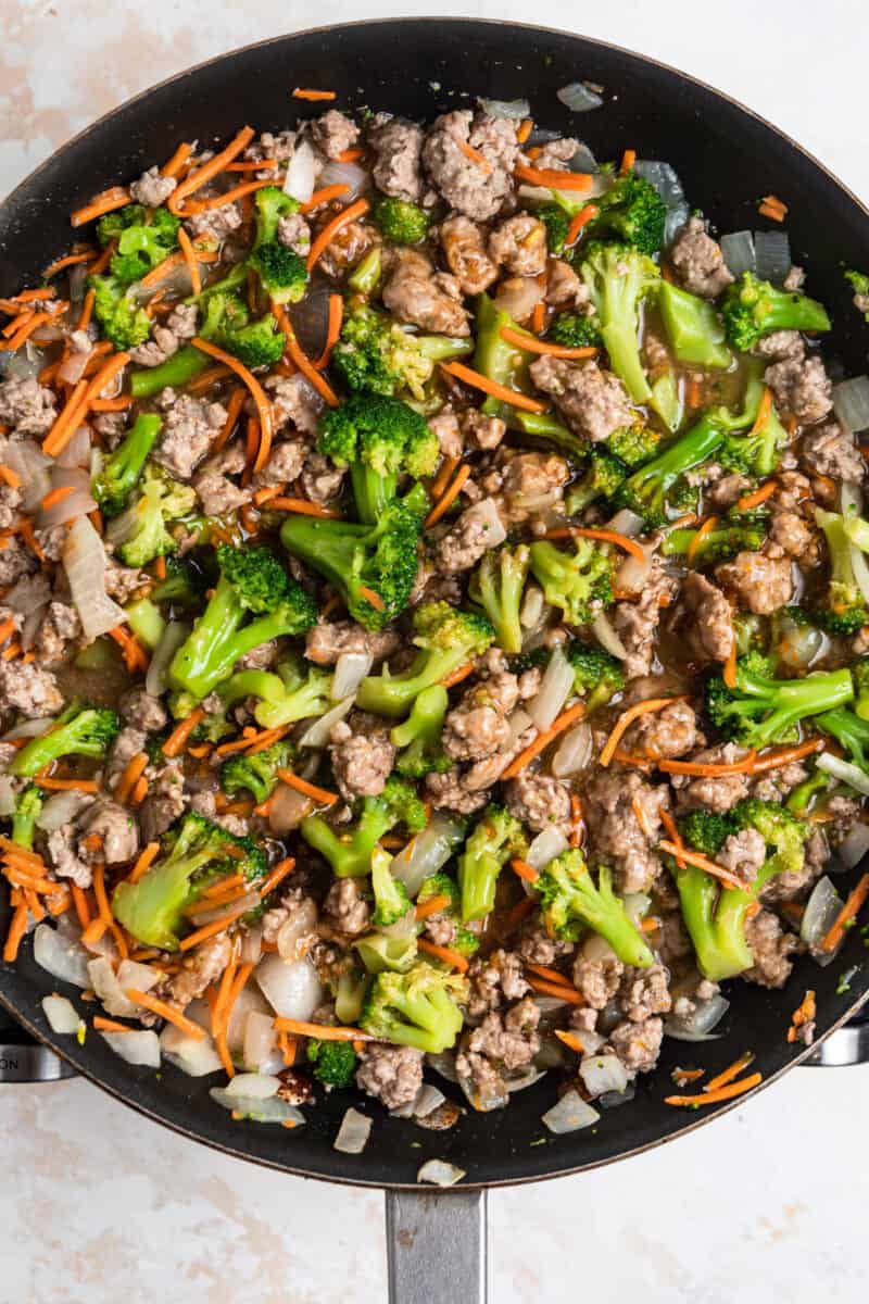Ground pork recipe in skillet with teriyaki sauce.